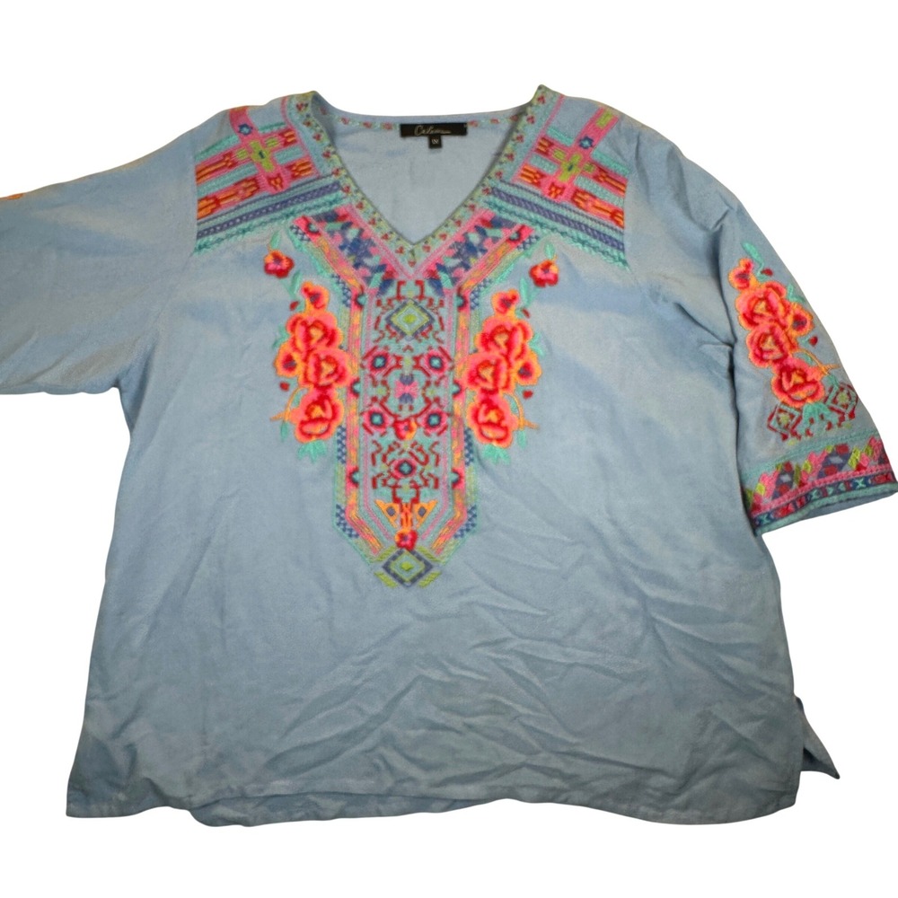 Caliana Blue Cotton Embroidered Floral Boho Tunic Top Plus Size 1X